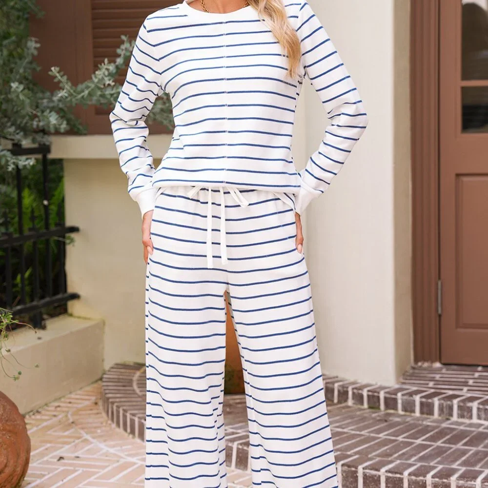 B300 Sail Blue Striped Long Sleeve Pullover and Wide Leg Pants Set - Picture 8 of 8